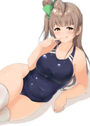 Rule 34 | 1girl, absurdres, alternate breast size, black hair, blunt bangs, blush, bow, breasts, brown eyes, brown hair, cleavage, collarbone, commentary request, competition swimsuit, covered erect nipples, hair bow, highres, licking lips, long hair, looking at viewer, love live!, love live! school idol project, lying, medium breasts, minami kotori, on side, one-piece swimsuit, plump, school swimsuit, shinonon (iso shino), sidelocks, simple background, solo, swimsuit, thick thighs, thighhighs, thighs, tongue, tongue out, white background, white thighhighs, wide hips