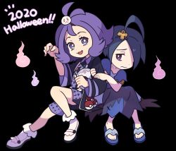 Rule 34 | 1boy, 1girl, 2020, acerola (pokemon), ahoge, allister (pokemon), arm grab, armlet, black background, black hair, black shirt, black shorts, blue dress, bright pupils, collared shirt, commentary, cosplay, costume switch, creatures (company), crossdressing, dress, flip-flops, flipped hair, game freak, grey dress, hair ornament, hairclip, halloween, long sleeves, multicolored clothes, multicolored dress, nintendo, open mouth, pokemon, pokemon sm, pokemon swsh, purple eyes, purple hair, sandals, shirt, shoes, short hair, short sleeves, shorts, shy, side slit, side slit shorts, simple background, smile, socks, ssalbulre, stitches, topknot, torn clothes, torn dress, white footwear