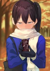 Rule 34 | 1girl, alternate costume, black gloves, brown eyes, brown hair, can, commentary request, gloves, hair between eyes, highres, holding, holding can, kaga (kancolle), kantai collection, long hair, long sleeves, masukuza j, scarf, side ponytail, solo, tree, white scarf