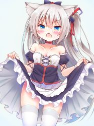 Rule 34 | 1girl, :o, animal ears, azur lane, bare shoulders, black bow, black dress, blue background, blue eyes, blush, bow, breasts, cat ears, cat girl, cat hair ornament, choker, cleavage, collarbone, commentary request, detached sleeves, dress, esureki, fang, hair between eyes, hair bow, hair ornament, hair ribbon, hammann (azur lane), highres, long hair, one side up, open mouth, puffy short sleeves, puffy sleeves, red choker, red ribbon, ribbon, short sleeves, silver hair, simple background, skirt hold, small breasts, solo, strapless, strapless dress, thighhighs, very long hair, white thighhighs