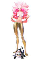 1girl 1other :o abs absurdres breasts censored censored_nipples clenched_hand commentary copyright_request creature english_commentary full_body furrowed_brow gloves gold_leggings hands_on_own_hips highres light_blush lightning_bolt_symbol long_hair looking_at_viewer medium_breasts navel open_clothes open_vest parted_lips pink_eyes pink_hair pink_vest see-through_vest shark sharp_teeth simple_background standing stomach straight-on teeth toned_female topless vest white_background white_gloves wonbin_lee