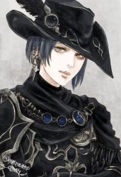 Rule 34 | 1girl, black cape, black hair, black hat, brown background, cape, earrings, final fantasy, final fantasy xiv, hat, hat feather, highres, hyur, jewelry, looking at viewer, oyatsuredgray, short hair, smile, solo, twitter username, upper body, zero (ff14)