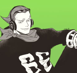 Rule 34 | 1boy, absurdres, feet out of frame, greyscale with colored background, headphones, highres, looking at viewer, male focus, no.6 (numberr 6), one piece, simple background, sitting, smile, solo, sunglasses, vinsmoke yonji