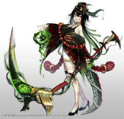 Rule 34 | 1girl, animistic, aura, bare shoulders, black footwear, black hair, black hat, black kimono, blush, breasts, character request, commentary request, copyright notice, curled horns, dark aura, facial mark, fang, full body, gears, gradient background, green hair, grey background, hair between eyes, hat, high heels, highres, holding, holding scythe, horns, itamidome, japanese clothes, kimono, long legs, long sleeves, looking at viewer, mini hat, multicolored hair, nail polish, off shoulder, official art, parted lips, red nails, scythe, shoes, small breasts, smile, snake hair, solo, standing, tail, two-tone hair, watermark, white background, wide sleeves