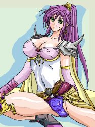 Rule 34 | 1girl, blush, breasts, bridal gauntlets, cape, cleavage, cosplay, covered erect nipples, earrings, faris scherwiz, female focus, final fantasy, final fantasy iv, final fantasy v, green eyes, hair ornament, jewelry, leotard, long hair, lowres, ponytail, purple hair, rosa farrell, rosa farrell (cosplay), shoulder pads, sitting, solo, square enix, wajurimosugaba