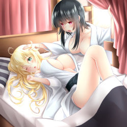 Rule 34 | 10s, 2girls, :o, ;o, alternate costume, atago (kancolle), baretto, baretto (firearms 1), bed, black hair, blonde hair, blush, breasts, cleavage, collarbone, commentary request, curtains, female focus, indoors, japanese clothes, kantai collection, knee up, large breasts, long hair, looking at another, looking at viewer, lying, messy hair, multiple girls, no bra, on back, on bed, one eye closed, open mouth, pajamas, red eyes, short hair, takao (kancolle), underboob, wince, yuri