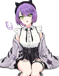 Rule 34 | 1girl, banelon, black bow, bow, ear piercing, green eyes, hair between eyes, hair ornament, hat, highres, hololive, jacket, light blush, looking at viewer, medium hair, multicolored hair, o-ring, o-ring thigh strap, piercing, pink hair, purple hair, shirt, short sleeves, simple background, sitting, skirt, solo, thigh strap, tokoyami towa, tokoyami towa (jirai kei), tongue, tongue out, virtual youtuber, white background, x hair ornament