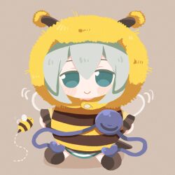 Rule 34 | antennae, arthropod girl, bee, bee costume, bee girl, bee wings, black footwear, blush, brown background, bug, buttons, character doll, doll, frilled shirt, frilled sleeves, frills, fumo (doll), green eyes, green hair, green skirt, hair between eyes, heart, heart button, highres, insect, insect girl, insect wings, komeiji koishi, looking at viewer, medium hair, no lineart, shirt, shoes, simple background, skirt, sleeves past wrists, smile, stuffed toy, touhou, wings, yellow fur, yellow shirt, zunusama