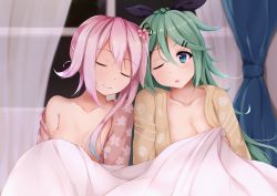 Rule 34 | 2girls, aqua hair, black ribbon, blanket, blue eyes, blue hair, blush, breasts, cleavage, closed eyes, closed mouth, collarbone, floral print, gradient hair, hair ornament, hair ribbon, hairclip, harusame (kancolle), highres, indoors, kantai collection, long hair, long sleeves, medium breasts, mia (kuja999), multicolored hair, multiple girls, off shoulder, one side up, open pajamas, pajamas, pink hair, ponytail, ribbon, single bare shoulder, sleeping, sleeping upright, small breasts, smile, upper body, very long hair, window, yamakaze (kancolle), yuri