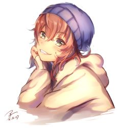 Rule 34 | 10s, 1girl, alternate costume, arashi (kancolle), artist name, casual, commentary request, dated, eyebrows, fingernails, green eyes, grin, hair between eyes, hand rest, hat, hood, hoodie, jacket, kantai collection, koruta (nekoimo), long sleeves, looking at viewer, messy hair, nail polish, red hair, short hair, simple background, smile, solo, teeth, white jacket