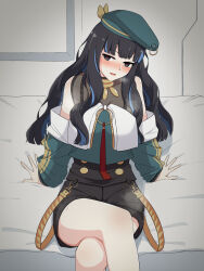 Rule 34 | 1girl, bare shoulders, bed, beret, black hair, black shorts, blue hair, bracelet, breasts, buttons, colored inner hair, crossed legs, double-breasted, drill bulbul, fate/grand order, fate (series), glowing, glowing eyes, green hat, green jacket, grey eyes, hat, highres, jacket, jewelry, long hair, looking at viewer, multicolored hair, neck ring, o-ring, off shoulder, on bed, open mouth, red pupils, shorts, sidelocks, sitting, small breasts, smile, solo, tenochtitlan (fate), tenochtitlan (second ascension) (fate), thighs, wavy hair, zipper