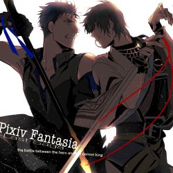 Rule 34 | 2boys, belt, black gloves, clenched teeth, copyright name, earrings, eye contact, gloves, highres, holding, holding sword, holding weapon, hoop earrings, jewelry, krkn ruka, looking at another, male focus, multiple boys, pixiv fantasia, pixiv fantasia last saga, red ribbon, ribbon, sleeveless, sword, teeth, weapon, white background