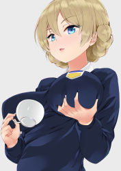 Rule 34 | 10s, 1girl, amasora taichi, blonde hair, blue eyes, blush, braid, breast lift, breasts, cup, darjeeling (girls und panzer), girls und panzer, grabbing own breast, grey background, hair between eyes, half-closed eyes, highres, holding, holding cup, large breasts, parted lips, school uniform, sidelocks, simple background, solo, st. gloriana&#039;s school uniform, sweater, teacup, tsurime, upper body