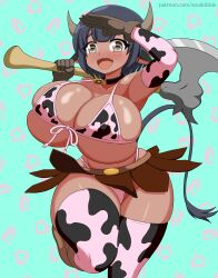 Rule 34 | 1girl, :d, absurdres, animal ears, animal print, arm up, axe, bell, bikini, black hair, blush, boots, breasts, brown gloves, calcia (soulkibble), carrying over shoulder, cow ears, cow girl, cow horns, cow print, cow tail, cowbell, curvy, dark-skinned female, dark skin, elbow gloves, fang, front-tie top, gloves, highres, horizontal pupils, horns, huge breasts, kemonomimi mode, micro bikini, microskirt, narrow waist, neck bell, open mouth, original, short hair, shortstack, simple background, skin fang, skirt, smile, solo, soulkibble, swimsuit, tail, thick thighs, thighhighs, thighs, watermark, web address, wide hips, yellow eyes