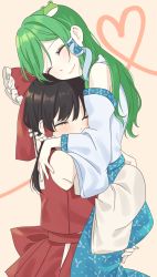 Rule 34 | &gt; &lt;, 2girls, absurdres, bare shoulders, black hair, blush, bow, carrying, carrying person, commentary, detached sleeves, expressive clothes, closed eyes, frog hair ornament, green hair, hair bow, hair ornament, hair tubes, hakurei reimu, heart, heart of string, highres, hug, kochiya sanae, long sleeves, multiple girls, smile, snake hair ornament, tan background, touhou, tsuno no hito, wide sleeves, yuri