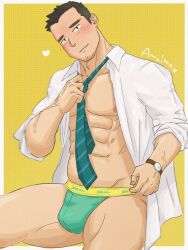 Rule 34 | 1boy, abs, amaimao, bara, bare pectorals, blush, collared shirt, come hither, facial hair, feet out of frame, goatee, green male underwear, head tilt, highres, large pectorals, looking at viewer, loose necktie, male focus, male underwear, mature male, muscular, muscular male, navel, necktie, nipples, no pants, open clothes, open shirt, original, pectorals, salaryman, shirt, short hair, smile, solo, stubble, thick eyebrows, thick thighs, thighs, underwear, undressing, veins, veiny arms