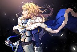 Rule 34 | armor, armored dress, artoria pendragon (all), artoria pendragon (fate), blonde hair, breastplate, cape, clenched hand, commentary request, fate/grand order, fate (series), from side, fur trim, gauntlets, gloves, green eyes, saber (fate), solo, tenobe