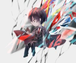 Rule 34 | 1boy, black coat, black pants, black vest, blood, book, chibi, coat, coat on shoulders, crystal, crystal wings, e.g.o (project moon), glass shards, highres, holding, holding book, huanxue, limbus company, long sleeves, necktie, pants, project moon, red necktie, shirt, simple background, solo, vest, white background, white shirt, wings, yi sang (project moon)