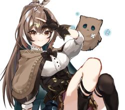 Rule 34 | 1girl, absurdres, ahoge, asymmetrical legwear, bag, brown eyes, brown gloves, brown hair, cape, commentary, feather hair ornament, feathers, friend (nanashi mumei), gloves, hair ornament, highres, hololive, hololive english, jknor, kneehighs, long hair, looking at viewer, multicolored hair, nanashi mumei, paper bag, partially fingerless gloves, ponytail, runes, simple background, single kneehigh, single sock, single thighhigh, smile, socks, streaked hair, thighhighs, virtual youtuber, white background, white hair