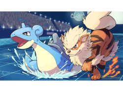 Rule 34 | arcanine, bad id, bad pixiv id, black eyes, blurry, closed mouth, commentary request, creatures (company), crowd, fire, game freak, gen 1 pokemon, horns, lapras, letterboxed, nintendo, open mouth, peron (niki2ki884), pokemon, pokemon (creature), running, single horn, smile, stadium, tile floor, tiles, tongue, water
