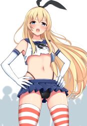 Rule 34 | 1boy, baretto (karasi07), black hairband, black neckerchief, black panties, blue eyes, blue sailor collar, blue skirt, cosplay, crop top, crossdressing, elbow gloves, gloves, gluteal fold, hairband, highleg, highleg panties, highres, kantai collection, long hair, male focus, microskirt, navel, neckerchief, open mouth, original, panties, pleated skirt, sailor collar, shimakaze-kun, shimakaze (kancolle), shimakaze (kancolle) (cosplay), shimakaze (kantai collection), skirt, solo, standing, striped clothes, striped thighhighs, teeth, thighhighs, thong, trap, underwear, upper teeth only, very long hair, white gloves