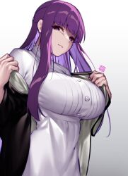 Rule 34 | 1girl, absurdres, black robe, breasts, dress, fern (sousou no frieren), highres, izulizuru, large breasts, long hair, looking at viewer, purple eyes, purple hair, robe, sidelocks, signature, simple background, solo, sousou no frieren, taut clothes, taut dress, undressing, very long hair, white background, white dress