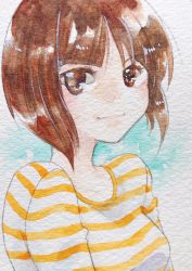 Rule 34 | 1girl, air.h, bob cut, breasts, brown eyes, brown hair, closed mouth, green background, highres, light smile, looking at viewer, medium breasts, painting (medium), ranma 1/2, shirt, short hair, solo, striped clothes, striped shirt, tendou nabiki, traditional media, two-tone shirt, upper body, watercolor (medium), white background, white shirt, yellow shirt