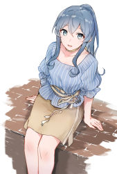 Rule 34 | 1girl, blouse, blue eyes, blue hair, blue shirt, brick floor, brown skirt, commentary request, gotland (kancolle), kantai collection, long hair, looking at viewer, mole, mole under eye, official alternate costume, pleated skirt, ponytail, satsumi, shirt, simple background, sitting, skirt, solo, striped clothes, striped shirt, white background