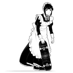 Rule 34 | 1girl, apron, blush, commentary request, dress, frills, full body, greyscale, holding, holding skateboard, long dress, long sleeves, looking at viewer, maid, maid apron, maid headdress, monochrome, original, puffy sleeves, shoes, short hair, sidelocks, simple background, skateboard, sneakers, solo, standing, suzushiro (suzushiro333), white background, wrist cuffs