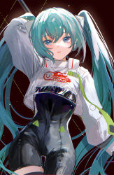 Rule 34 | 1girl, absurdres, aqua hair, arm up, black bodysuit, blue eyes, blush, bodysuit, breasts, brown background, chromatic aberration, commentary, cowboy shot, crop top, hair between eyes, hair ornament, hatsune miku, highres, kikinoki, long hair, long sleeves, looking at viewer, parted lips, racing miku, racing miku (2022), small breasts, solo, twintails, very long hair, vocaloid