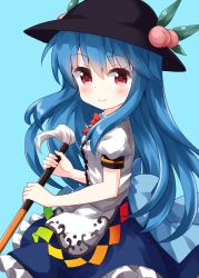 Rule 34 | 1girl, black headwear, blue background, blue hair, blue skirt, bow, bowtie, buttons, closed mouth, food, fruit, highres, hinanawi tenshi, holding, holding sword, holding weapon, leaf, long hair, looking at viewer, peach, puffy short sleeves, puffy sleeves, rainbow gradient, rainbow order, red bow, red bowtie, red eyes, ruu (tksymkw), shirt, short sleeves, simple background, skirt, smile, solo, standing, sword, sword of hisou, touhou, weapon, white shirt
