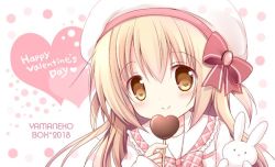Rule 34 | 1girl, :x, beret, blonde hair, blush, bow, bowtie, brown eyes, candy, chocolate, dotted background, english text, food, happy valentine, hat, heart-shaped food, long sleeves, looking at viewer, nanase miori, original, plaid, plaid bow, plaid bowtie, rabbit, red bow, sailor collar, sleeves past wrists, smile, solo, striped, striped bow, valentine, white background, white hat