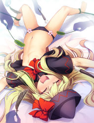Rule 34 | 1girl, bed sheet, black capelet, black headwear, black panties, blonde hair, blush, bound ankles, bow, calligraphy brush, capelet, chima q, closed eyes, fairy wings, feathers, flat chest, flower panties, hat, highres, lily black, lily white, long hair, lying, navel, no pants, on back, open mouth, paintbrush, panties, pink panties, silhouette, solo focus, stomach, tears, tickle torture, tickling, tickling arms, tickling legs, tickling stomach, topless male, touhou, underwear, wings