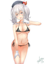 Rule 34 | 1girl, absurdres, beret, black bra, black panties, blue eyes, bra, breasts, gloves, hat, highres, kantai collection, kashima (kancolle), large breasts, looking at viewer, panties, side-tie panties, sidelocks, silver hair, simple background, solo, tokito yu, tongue, tongue out, twintails, underwear, wavy hair, white background, white gloves