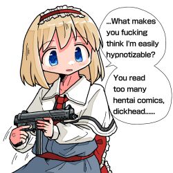 Rule 34 | 1girl, alice margatroid, anger vein, blonde hair, blue dress, blue eyes, blush, capelet, commentary request, dress, english text, frilled hairband, frills, gun, hairband, holding, holding gun, holding weapon, kasuya baian, lolita hairband, medium hair, open mouth, profanity, red hairband, simple background, solo, speech bubble, touhou, weapon, weapon request, white background, white capelet
