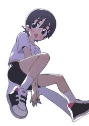 Rule 34 | 1girl, absurdres, between legs, bike shorts, black eyes, black footwear, black hair, black shorts, blush, commentary request, eyebrows hidden by hair, hand between legs, highres, korean commentary, long hair, looking at viewer, luke (dydansgur), open mouth, original, own hands together, shadow, shirt, shoes, short shorts, short sleeves, shorts, simple background, socks, solo, thick eyebrows, white background, white shirt, white socks