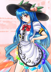 Rule 34 | 1girl, black hat, blue hair, commentary request, covered navel, cowboy shot, food, fruit, hand on own hip, hat, hinanawi tenshi, holding, holding weapon, keystone, long hair, looking at viewer, mail (mail gell), peach, puffy short sleeves, puffy sleeves, rainbow order, red eyes, shirt, shoes, short sleeves, skirt, solo, standing, sword, sword of hisou, touhou, weapon, white shirt, white skirt