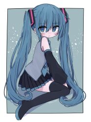 Rule 34 | 1girl, aqua background, bare shoulders, black footwear, black skirt, black sleeves, blue eyes, blue hair, blue necktie, blush, boots, border, commentary, detached sleeves, from side, full body, grey shirt, hair between eyes, hair ornament, hatsune miku, highres, kanikan, long hair, long sleeves, looking at viewer, looking to the side, necktie, outside border, pleated skirt, shirt, sitting, skirt, sleeveless, sleeveless shirt, solo, tears, thigh boots, twintails, twitter username, very long hair, vocaloid, white border