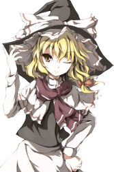 Rule 34 | 1girl, awa yume, blonde hair, bow, female focus, hat, kirisame marisa, perfect cherry blossom, scarf, smile, solo, touhou, wink, witch, witch hat, yellow eyes
