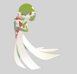 Rule 34 | 1girl, apios, bob cut, bouquet, closed mouth, colored skin, creatures (company), expressionless, female focus, flat chest, flower, full body, game freak, gardevoir, gen 3 pokemon, green hair, green skin, grey background, hair between eyes, hands up, highres, holding, holding bouquet, looking to the side, multicolored skin, nintendo, pokemon, pokemon (creature), red eyes, red flower, red ribbon, ribbon, short hair, simple background, solo, standing, two-tone skin, white skin