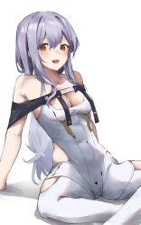 Rule 34 | 1girl, :d, arm support, arms behind back, bare shoulders, breasts, cleavage, clothing cutout, collarbone, commentary request, covered navel, goddess of victory: nikke, grey hair, hair between eyes, highres, hip vent, indian style, leg cutout, leotard, light blush, long hair, looking at viewer, medium breasts, moruhinesan, open mouth, scarlet (nikke), sidelocks, sitting, smile, solo, white leotard, yellow eyes