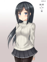 Rule 34 | 10s, 1girl, alternate breast size, alternate costume, arms behind back, asashio (kancolle), black hair, black pantyhose, blue eyes, blush, breasts, chestnut mouth, commentary request, eyebrows, gradient background, hanazome dotera, kantai collection, long hair, long sleeves, looking at viewer, medium breasts, miniskirt, pantyhose, parted lips, pleated skirt, ribbed sweater, simple background, sketch, skirt, solo, sweater, translated, turtleneck, twitter username