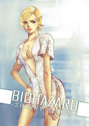 Rule 34 | 1girl, blonde hair, blue eyes, breasts, character name, hand on own hip, hospital gown, lipstick, makeup, no bra, aged up, panties, resident evil, resident evil 2, resident evil 6, sherry birkin, short hair, solo, underwear, white panties