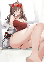 Rule 34 | 1girl, absurdres, angelina (arknights), angelina (summer flower) (arknights), animal ear fluff, animal ears, arknights, bare legs, bare shoulders, barefoot, breasts, brown hair, casual one-piece swimsuit, chichi guai, collarbone, feet out of frame, foreshortening, fox ears, hairband, highres, jacket, knees up, large breasts, long hair, long sleeves, looking at viewer, official alternate costume, one-piece swimsuit, open clothes, open jacket, parted lips, red eyes, red hairband, red one-piece swimsuit, sidelocks, sitting, smile, solo, swimsuit, thighs, twintails, two-tone hairband, white jacket, window