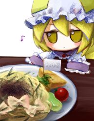 Rule 34 | 1girl, blonde hair, blush, chibi, closed mouth, commentary request, dress, farfalle (pasta), food, fumo (doll), hair between eyes, hat, highres, jitome, long sleeves, making-of available, medium hair, mob cap, musical note, pasta, plate, simple background, sleeves past fingers, sleeves past wrists, solo, spaghetti, table, tofu, tomato, touhou, white background, white dress, white hat, yakumo ran, yakumora n, yellow eyes