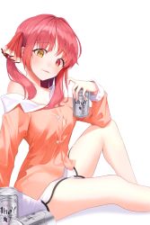 Rule 34 | 1girl, absurdres, alternate costume, beer can, blush, brand name imitation, breasts, button gap, can, casual, cleavage, commentary, dolphin shorts, drink can, drinking, feet out of frame, hair ribbon, heterochromia, highres, holding, holding can, hololive, houshou marine, knee up, looking at viewer, medium breasts, medium hair, no pants, off shoulder, orange shirt, parted lips, red eyes, red hair, red ribbon, rianya07, ribbon, shirt, short shorts, shorts, simple background, sitting, smile, solo, thighs, twintails, virtual youtuber, white background, white shorts, yellow eyes