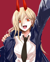 Rule 34 | + +, 1girl, absurdres, black jacket, black necktie, blonde hair, chainsaw man, collared shirt, commentary request, cross-shaped pupils, demon girl, demon horns, hair between eyes, highres, horns, jacket, jonasan (bad-t), long hair, looking at viewer, necktie, one-hour drawing challenge, open clothes, open jacket, open mouth, power (chainsaw man), red background, red eyes, red horns, sharp teeth, shirt, simple background, sleeves past wrists, smile, solo, symbol-shaped pupils, teeth, upper body, white shirt