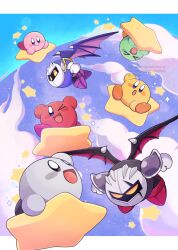 Rule 34 | &gt; &lt;, &gt; o, :d, :o, ;d, arm up, armor, armored boots, arms up, artist name, black wings, blue sky, blush, blush stickers, boots, closed eyes, closed mouth, commentary request, cracked mask, dark meta knight, day, flying, gloves, kirby, kirby (series), letterboxed, looking at another, lying, mask, meta knight, midooka (o k k), nintendo, no humans, on stomach, one eye closed, open mouth, pauldrons, purple footwear, purple wings, red footwear, riding, shadow kirby, shoulder armor, sitting, sky, smile, sparkle, spiked wings, spikes, standing, star (symbol), twitter username, v-shaped eyebrows, warp star, watermark, waving, white gloves, wings, yellow eyes