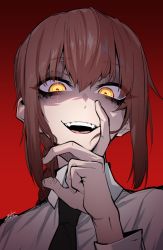 Rule 34 | 1girl, black necktie, braid, braided ponytail, chainsaw man, collared shirt, eyes in shadow, gradient background, j.k., long sleeves, looking at viewer, makima (chainsaw man), medium hair, necktie, red background, red hair, ringed eyes, shaded face, shirt, simple background, smile, solo, teeth, upper body, upper teeth only, white shirt, yellow eyes