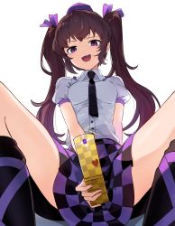 Rule 34 | 1girl, :d, arm support, black necktie, black skirt, black socks, breasts, broken heart, brown hair, buttons, camera flash, camera phone, checkered clothes, checkered skirt, collared shirt, commentary request, feet out of frame, hair ribbon, hat, heart, highres, himekaidou hatate, holding, holding phone, long hair, looking down, medium breasts, nail polish, necktie, open mouth, phone, pink nails, puffy short sleeves, puffy sleeves, purple eyes, purple hat, purple ribbon, purple skirt, ribbon, shirt, short sleeves, simple background, skirt, smile, socks, solo, spread legs, squatting, tokin hat, touhou, twintails, usuaji, white background, white shirt